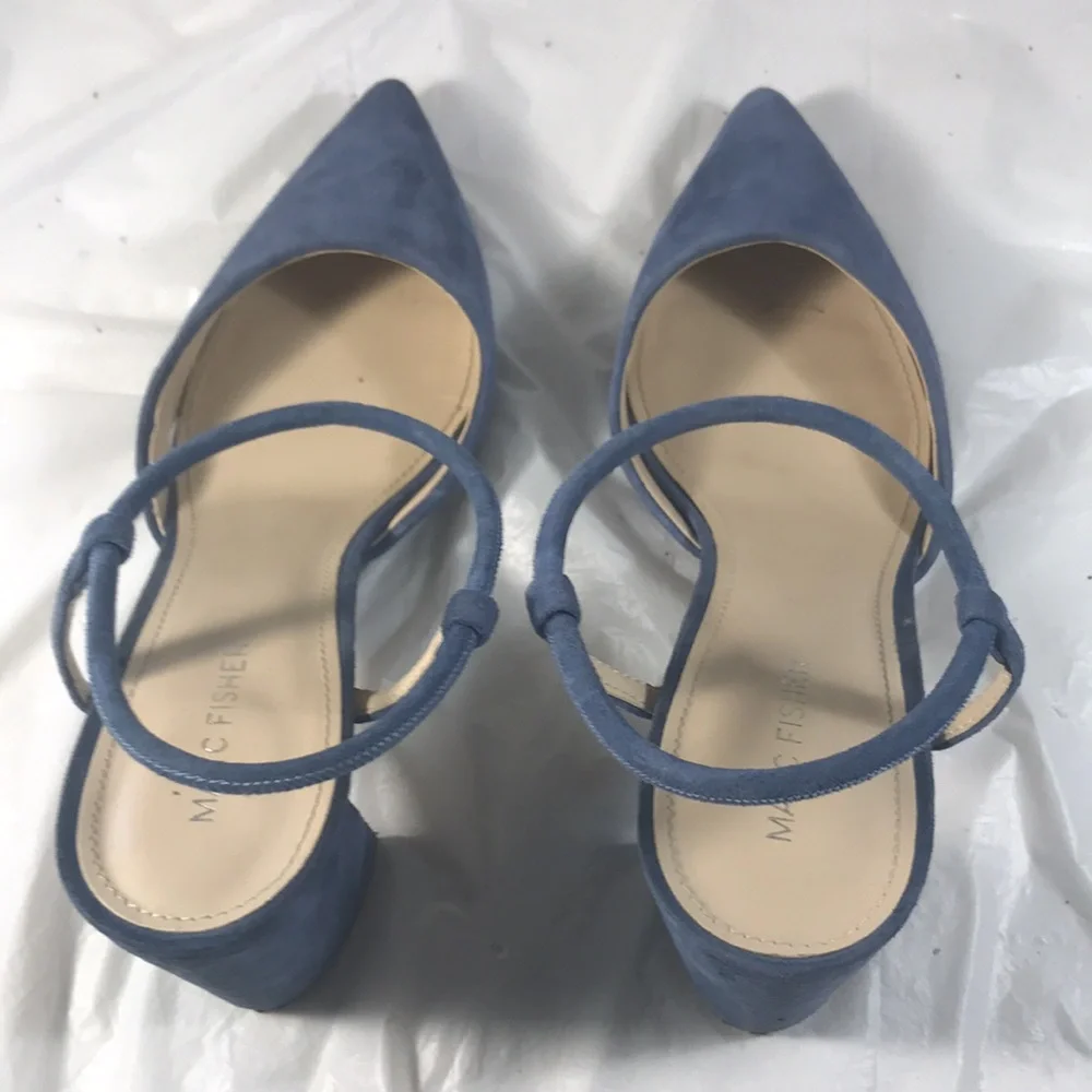 Marc Fisher LTD. Women’sMarlon Blue Suede Strappy  Pointy Toe Chunky Heels Shoes